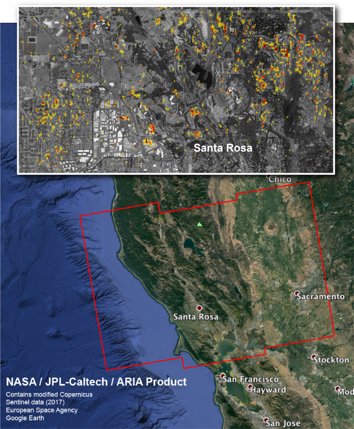 Image of NASA’s ARIA Damage Proxy Map of Northern California using Copernicus Sentinel-1 satellite SAR data