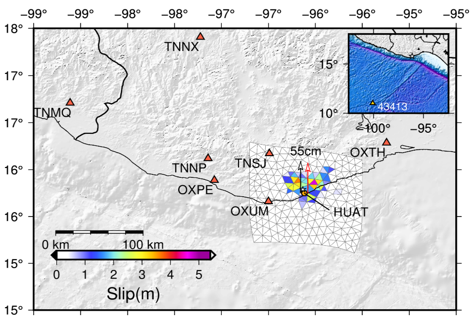 This slip model of the earthquake based on high-rate GNSS data from the TLALOCNet network in Mexico shows the amount of motion at the fault interface during the earthquake. The data were processed by the University of Washington using the TRACK software. Credit: NASA, Diego Melgar