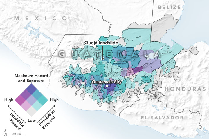 Image of a map showing areas of potential landslide hazards in Guatamala that is featured in the story in the AGU magazine, Eos.