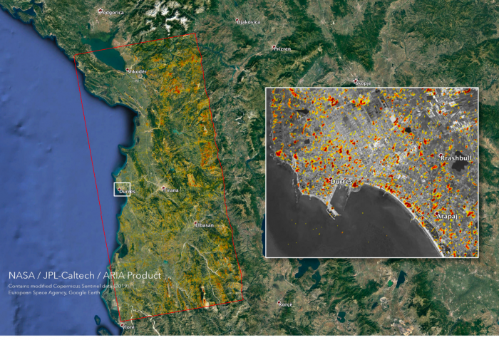 The Advanced Rapid Imaging and Analysis (ARIA) team at NASA's Jet Propulsion Laboratory and California Institute of Technology created this Damage Proxy Map (DPM) depicting areas that are likely damaged as a result of the November 26, 2019 earthquakes in 