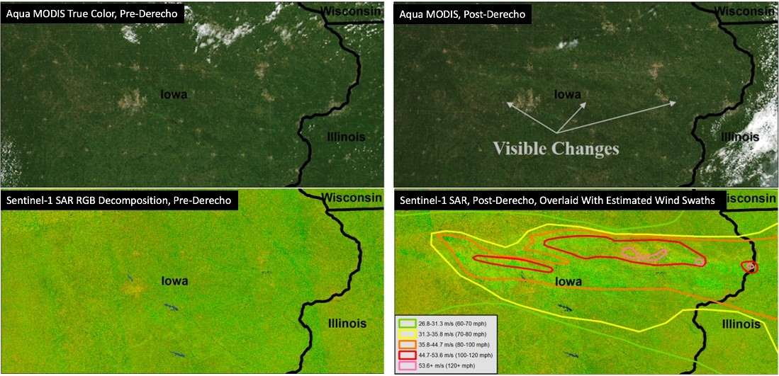 Aqua MODIS True Color composite before (upper-left) and after (upper-right) the August 10, 2020 derecho storm that generated winds up to 140 mph, intermittent hail, and tornadoes across several Midwest U.S. states, most notably Iowa and northwestern Illinois. Only a very slight change in vegetation color caused by the severe weather is evident after the derecho. Sentinel-1 Synthetic Aperture Radar (SAR) RGB decomposition product before (lower-left) and after (lower-right) the derecho. Notable changes to the