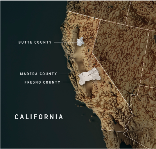 map of three counties in California
