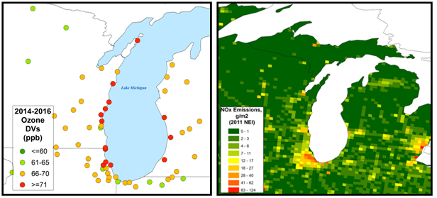 two maps showing ozone concentrations around Lake Michigan