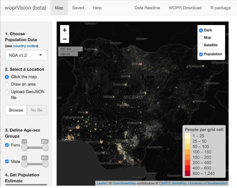 Screenshot of map of Nigeria in web app