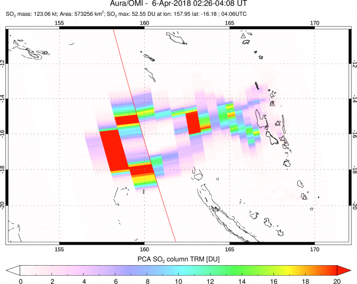 Image of volcanic SO2 plume data from the Aoba volcano (Vanuatu) explosive eruption on April 5 2018 