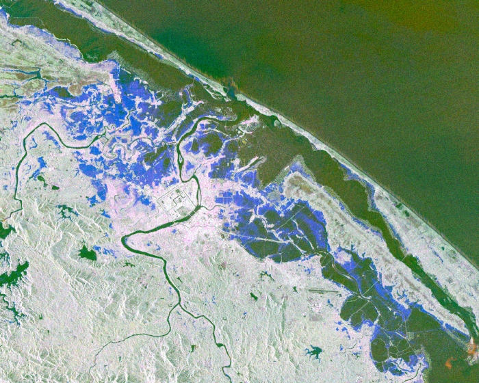 Image of NASA's color coded SAR based flood detection maps reveal extensive flooding in areas of Vietnam.