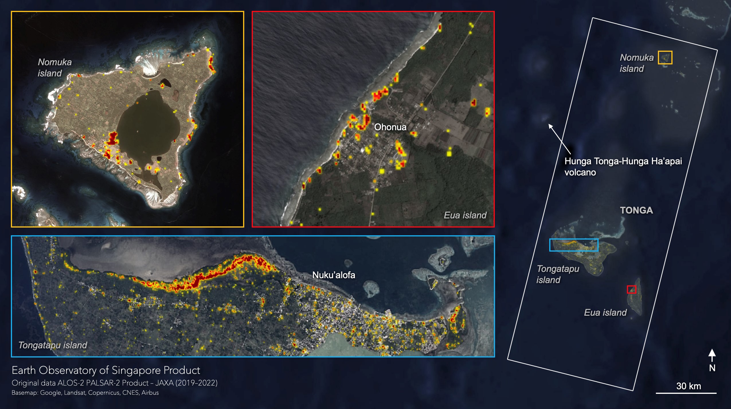​  Image of Preliminary Damage Proxy Map (DPM) depicting buildings and vegetation likely damaged in the Tongatapu and southern Ha'apai islands of Tonga. Credits: Earth Observatory of Singapore, ARIA Team, NASA JPL, JAXA  ​