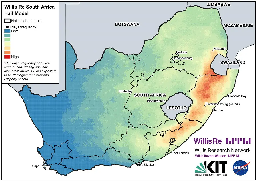 A map of the relative hailstorm frequency over South Africa derived by Willis Re using SMASH team satellite datasets including overshooting cloud top detections from a 14-year database of 15-minute resolution Meteosat Second Generation infrared brightness temperatures, TRMM and GPM hailstorm detections, and also ERA5 reanalysis data. Eastern South Africa is most often affected by severe hailstorms based on this analysis. Credits: Wills Re / Kris Bedka