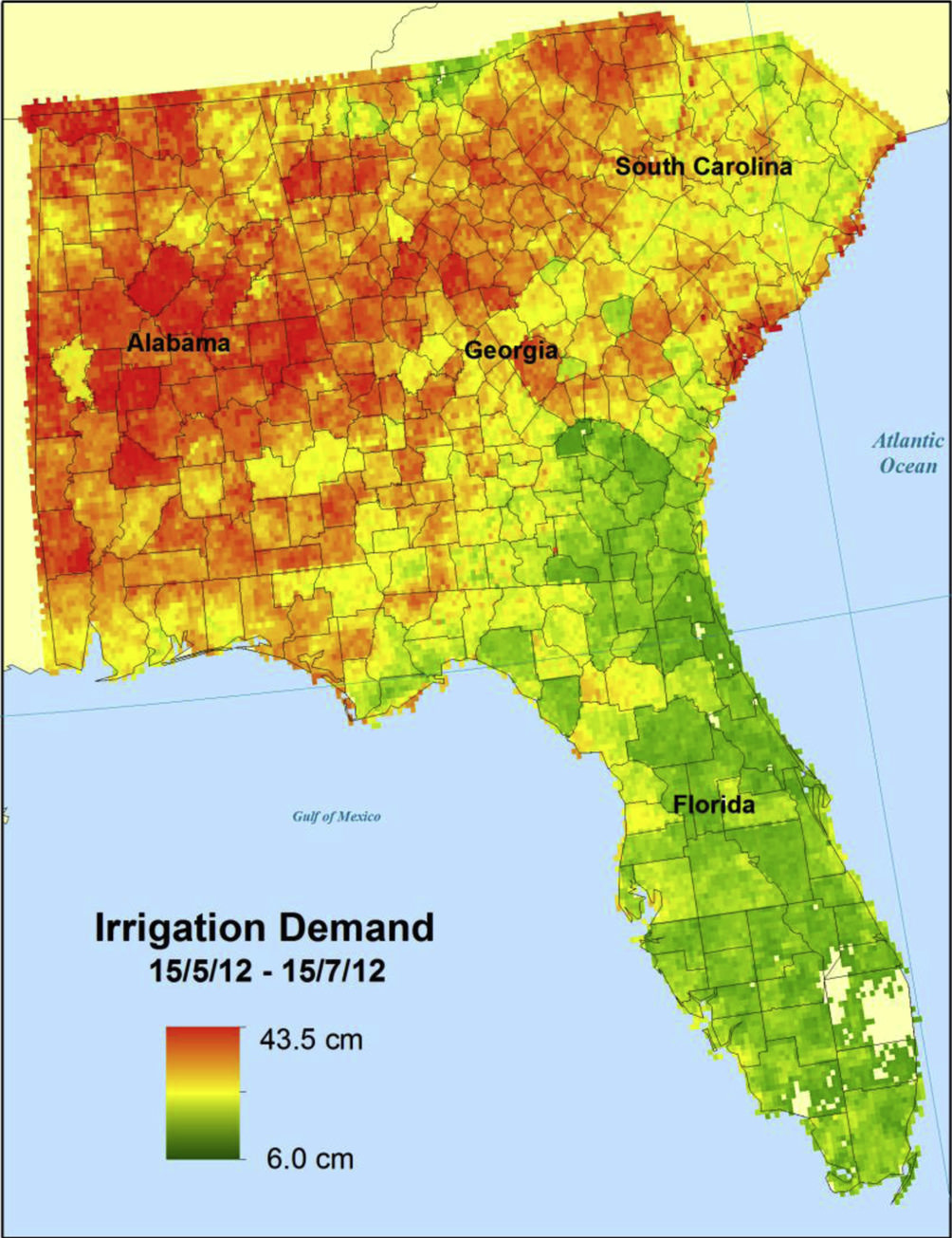 Irrigation demand visualized by NASA’s GriDSSAT during the flash drought of June 2012.