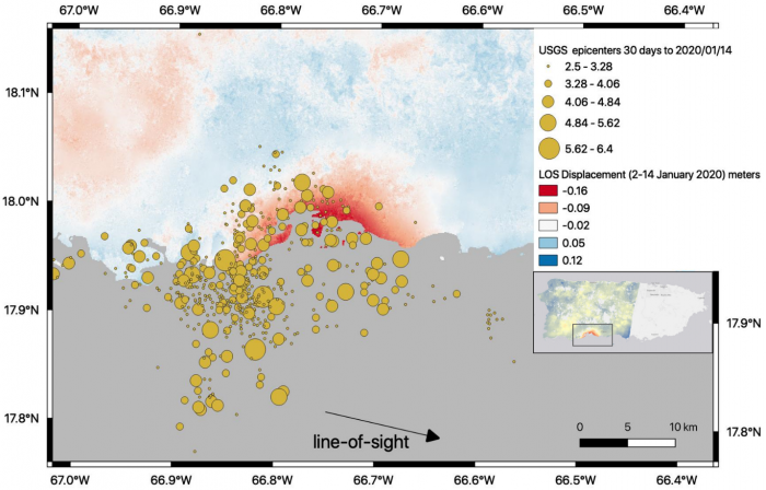 Preliminary map of co-landslides caused by the Mw6.4 earthquake. The image shows the location of 120 landslides with the USGS Peak Ground Acceleration Contours that shows the areas of greatest shaking (available here).