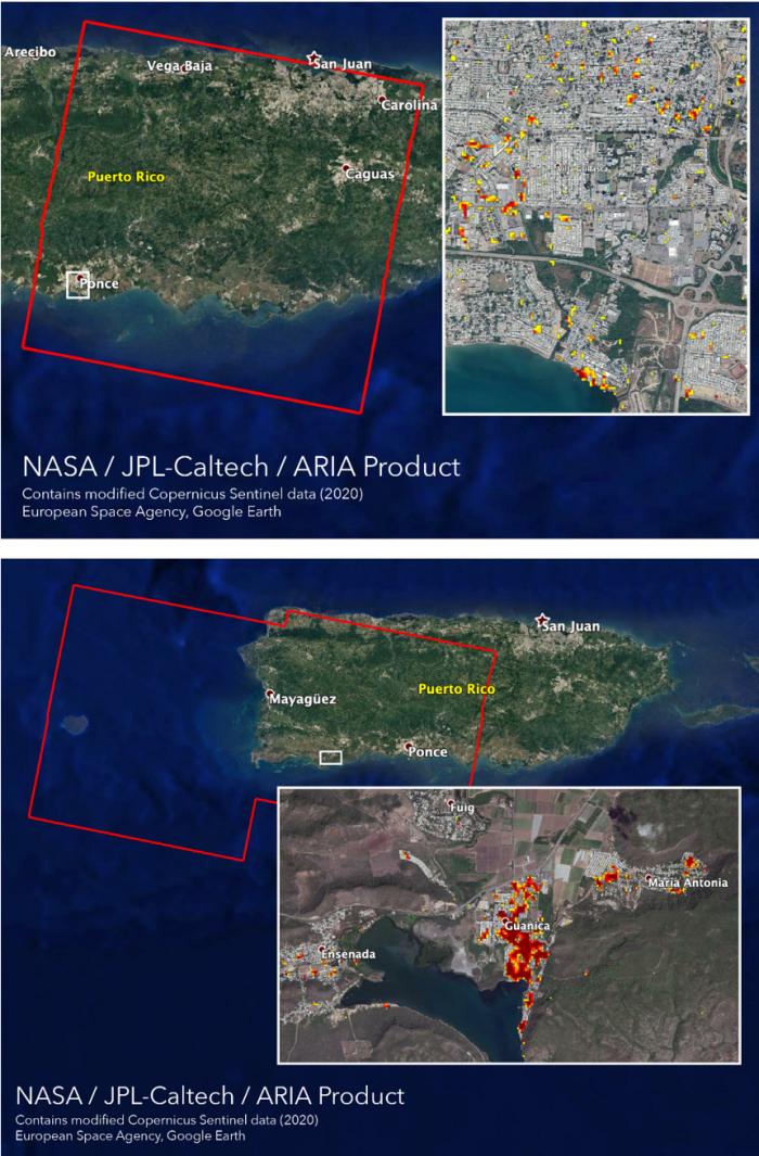 Damage Proxy Maps show structures in the Ponce region on January 9th (above) and the Guanica region (below) on January 14th that were likely damaged by the earthquake in red and yellow. Credit: NASA, JPL-Caltech, ESA.