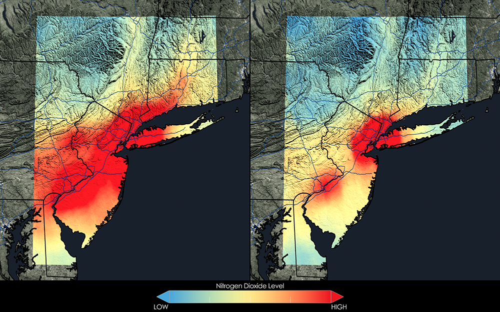 Satellite monitoring has documented a 32% drop in nitrogen dioxide pollution over the New York City metropolitan area