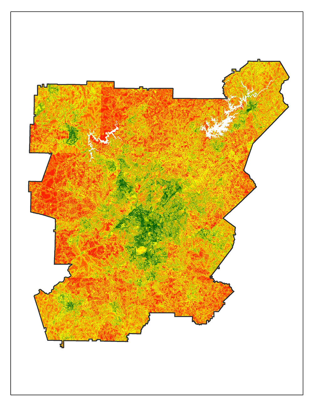 Regions around metropolitan Atlanta with the highest potential to minimize stormwater runoff through green infrastructure development, shown in green.