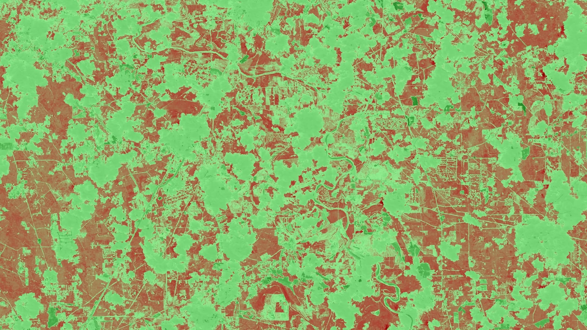 Normalized Difference Vegetation Index (NDVI) maximum values derived from composited June 2018 Landsat 8 OLI images of Houston, Texas, are displayed. The green areas indicate the presence of healthy vegetation, whereas the red values indicate the lack of healthy vegetation. NDVI maximum data allow partners to estimate urban tree canopy mortality and recovery for better resource allocation.