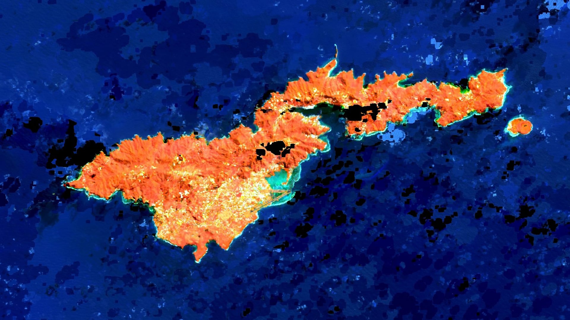 This is a composite of five 2018 Landsat 8 OLI/TIRS images taken over Tutuila, American Samoa, mosaicked in Google Earth Engine to minimize visible cloud cover. A land-water band combination (5,3,1) is applied to emphasize coastal boundaries in turquoise, vegetation in orange, development in yellow-white, and persistent clouds in black. Annual composites optimize portrayal of the rainy island’s visible land cover in a given year, giving local conservation managers a route to quantify change over time.