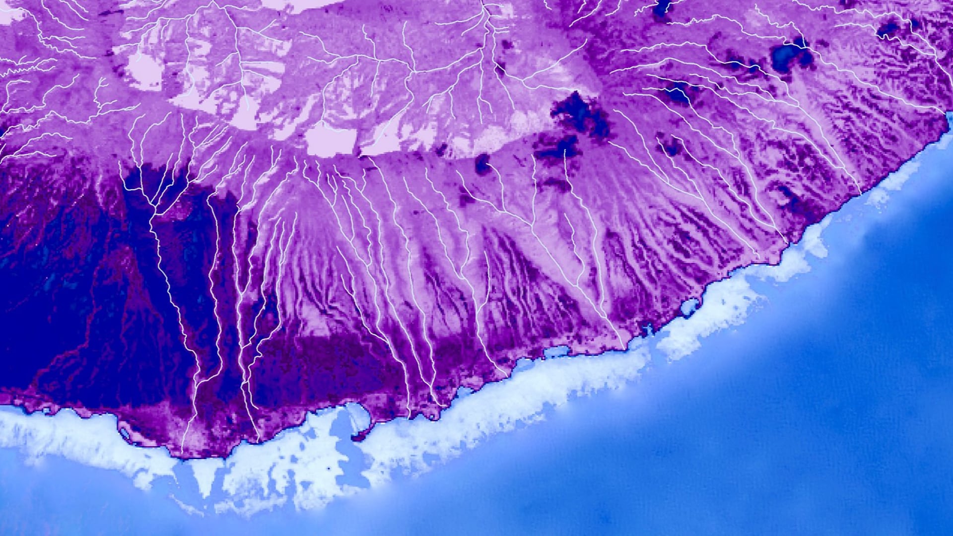 This is a processed Landsat 8 OLI image from January 2019 displaying Normalized Difference Vegetation Index (NDVI) values of Moloka’i, Hawaii. Bright purple colors indicate areas of healthy vegetation and blues represent less productive vegetation, bare ground, and water. NDVI is one of the many indices used to quantify forest health and resulting coastal water turbidity.