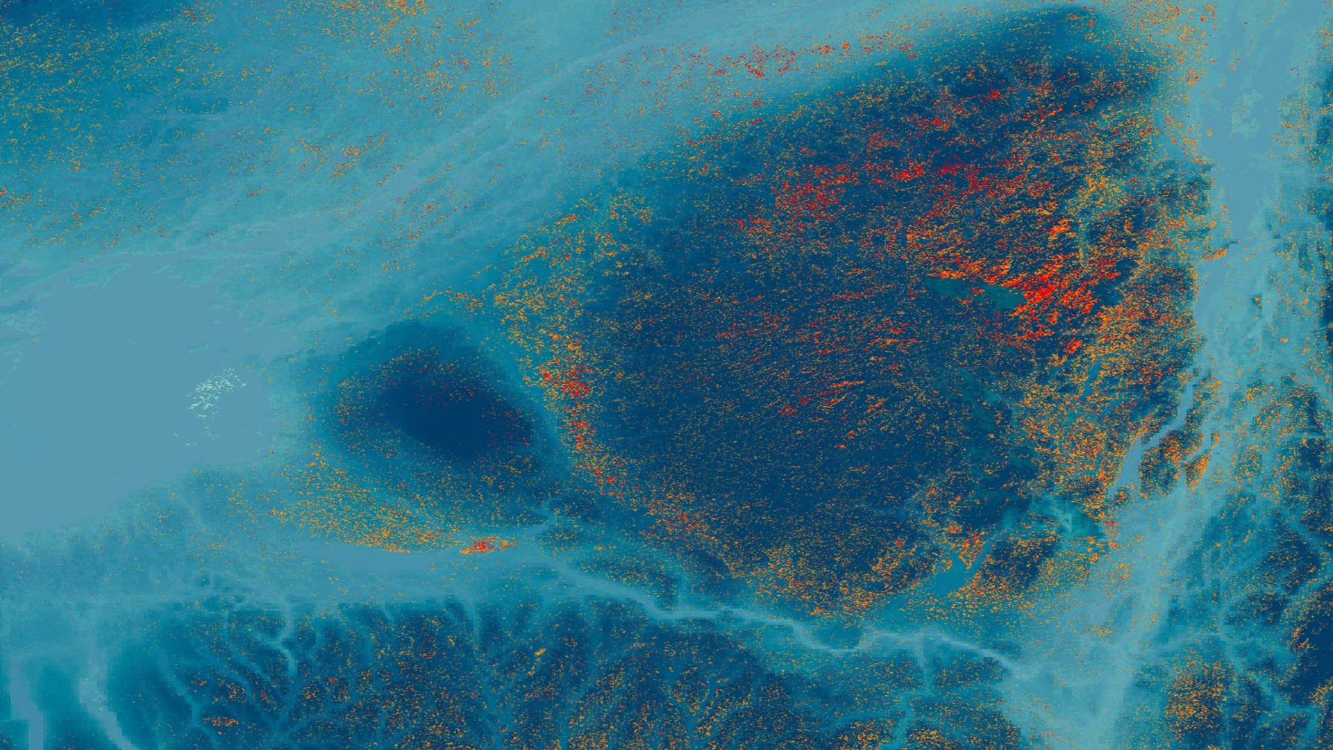 False color composite (bands 5, 4, and 3) of recent (2016 to 2019) leaf-off vegetation in the New York Adirondacks region processed using Landsat 8 OLI data overlaid with the HydroSHEDS Hydrologically Conditioned DEM from the World Wildlife Fund (2000) in cyan. Pure eastern hemlock stands are indicated in red and hemlock-dominant stands are indicated in orange. Areas of pure eastern hemlock should be the primary focus of land managers’ conservation efforts against the invasive hemlock woolly adelgid.