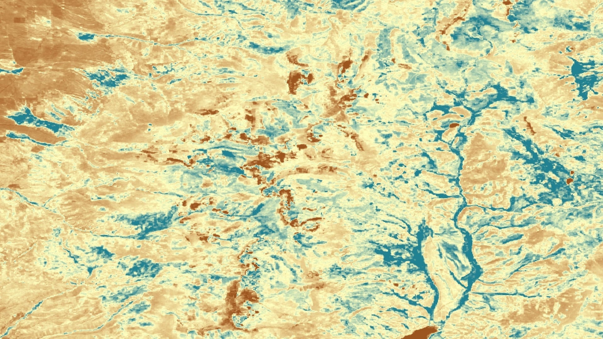 Tasseled-cap processed Landsat 8 OLI image from August 26th, 2019. “Greenness” is displayed on a color ramp where red represents low greenness and blue represents high greenness. Costilla Creek, which feeds into Costilla reservoir at the bottom of the image, stands out in blue in the. These blue areas are likely wetland locations, as wetlands typically retain green vegetation into late summer.  Keywords: Wetlands Mapping, Cutthroat Trout, Abby Eurich, Byron Schuldt, Kathryn Tafoya, Toryn Walton