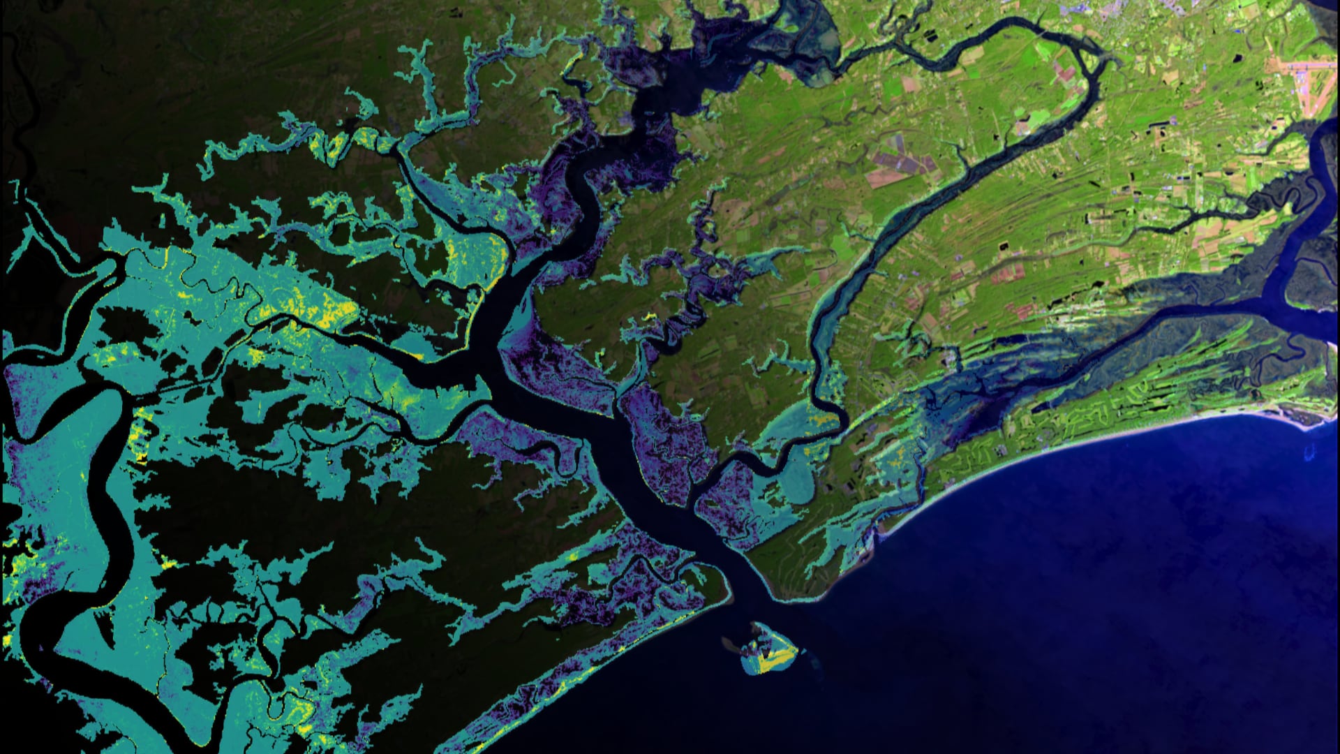 Multispectral Landsat 8 ESRI on-the-fly imagery superimposing the 2009-2017 difference in unvegetated to vegetated ratio calculated using classified NAIP imagery. Salt marsh along the Charleston, South Carolina coast relies on sediment import from the environment to remain stable. Areas in yellow are indicative of greater salt marsh change from vegetated to unvegetated. Change from vegetated to unvegetated indicate these areas may be vulnerable to open water conversion resulting in the loss of the salt marsh.   Keywords: UVVR, Jacob Stid, Adriana LeCompte, Derek Nguyen, Elspeth Gates​