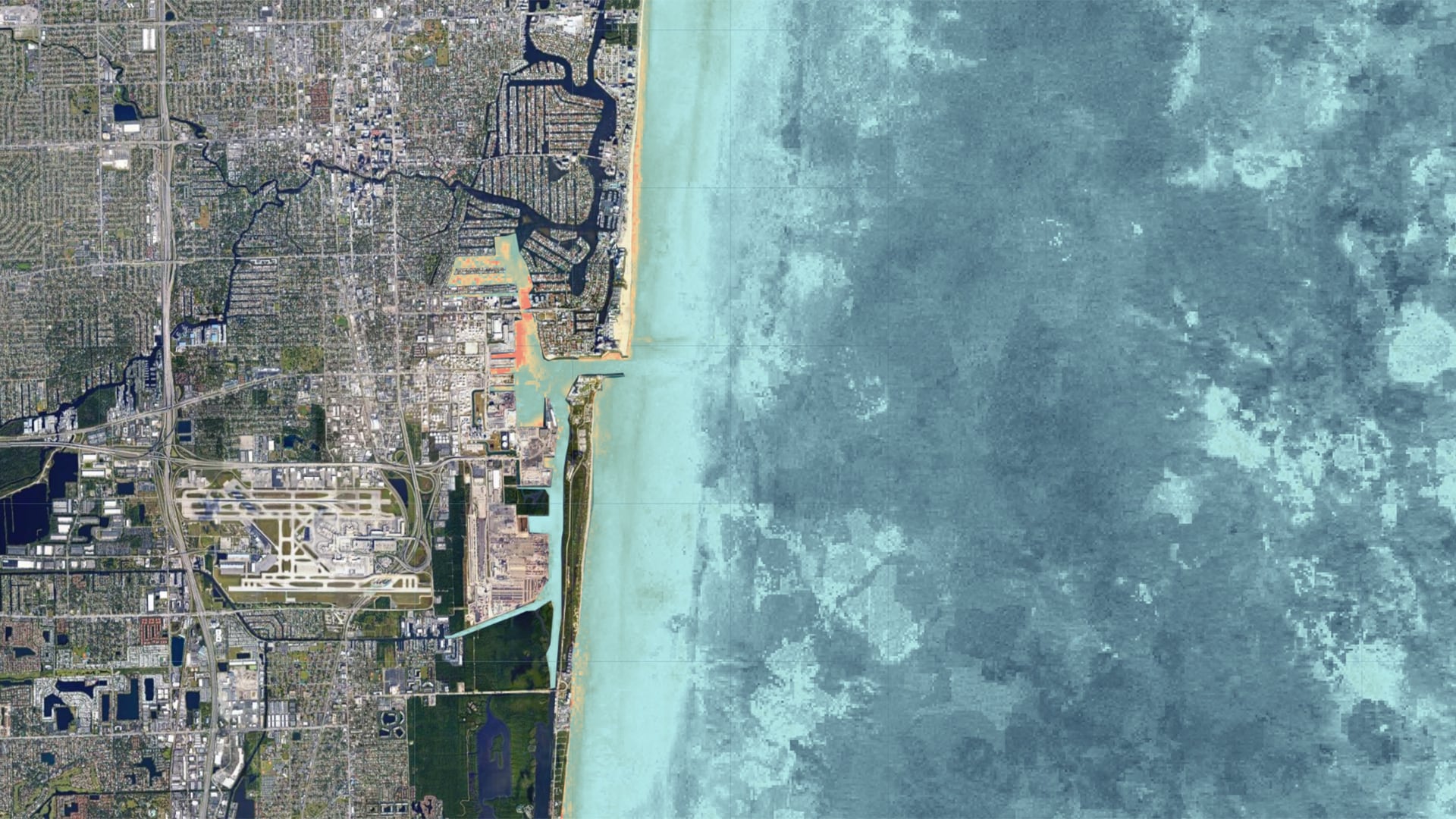 Diffuse Light Attenuation Coefficient (Kd(490)) processed image utilizing 2020 Landsat 8 OLI remote sensing data, showcasing turbidity within Port Everglades. Port Everglades is located along the Eastern Coast of Florida, south of Fort Lauderdale. Darker shades of blue represent lower levels of Kd(490), implying clearer, and generally healthier, water. Brown and orange represent high levels of Kd(490), generally indicating cloudier water conditions, which pose a threat to coral and coral reef health.  Keywords: Kd(490), Landsat 8 OLI, Coral, Port, Florida