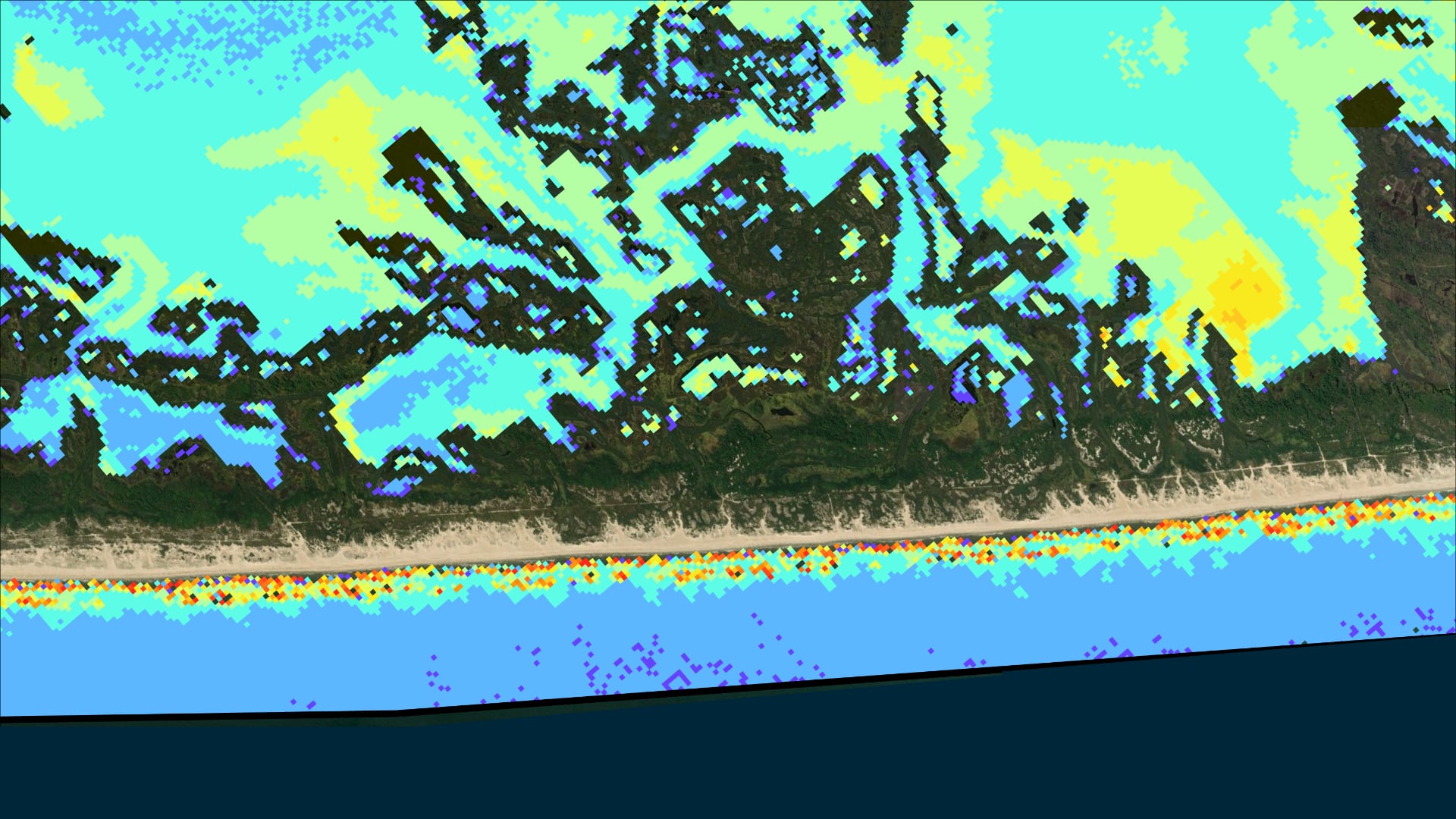 Nearshore turbidity created with 2020 Landsat 8 OLI red band (B3). Assateague Island, our study site, is located off the coast of Virginia and Maryland. Red shades suggest high turbidity, light green and yellow shades suggest moderate turbidity and blue and purple shades show low turbidity. Knowing the extent of turbidity allows the team to examine how natural longshore currents are moving sediment deposited by the US Army Corps of Engineers. This is important for both the geological integrity of the island and threatened species depend on sediment replenishment.  Keywords: Turbidity, ORCAA, ocean color, bathymetry, sediment transport