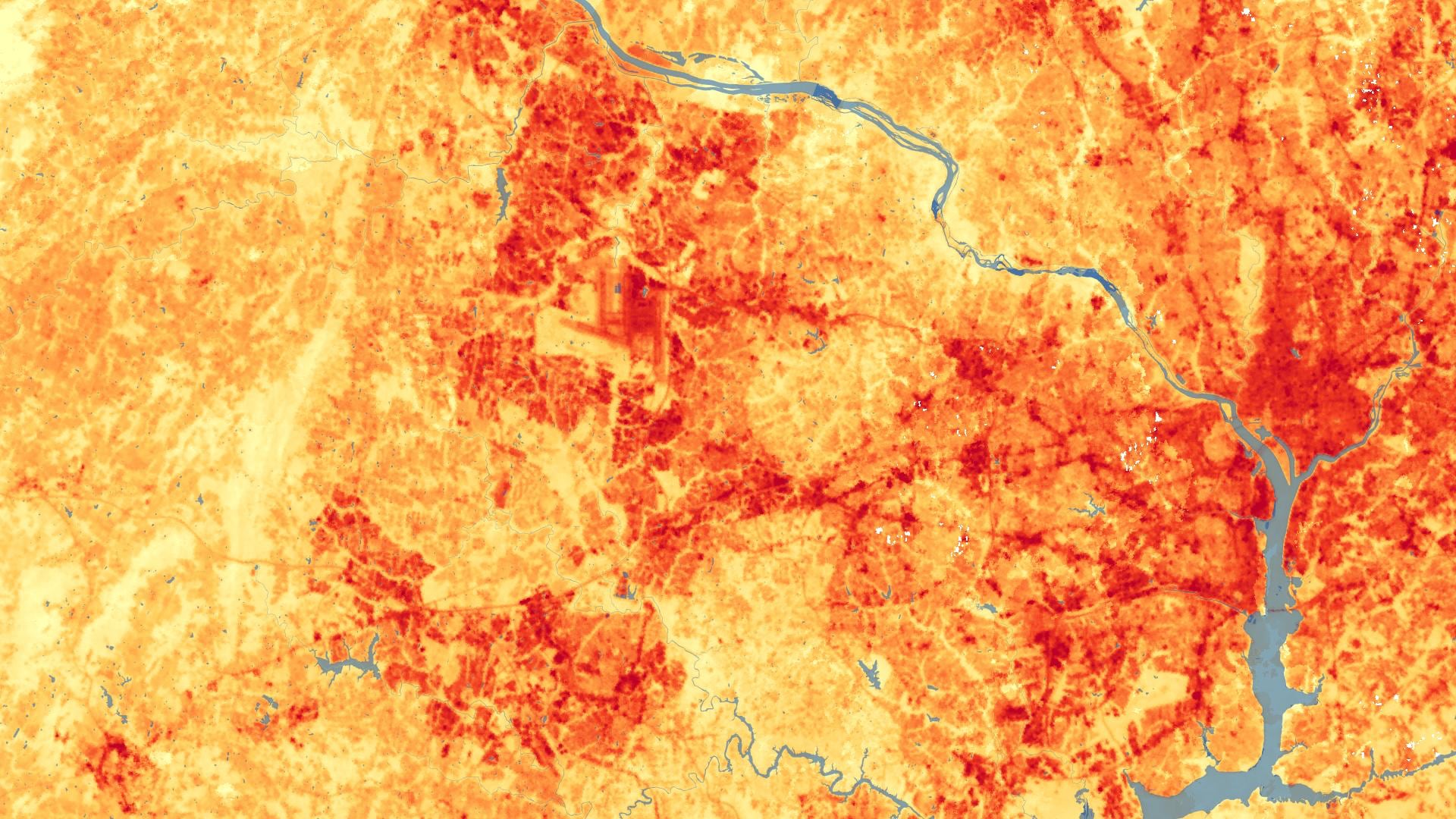 Average daytime land surface temperature for Fairfax County and surrounding areas calculated for the months June – August in the years 2013 – 2020 from the Landsat 8 Provisional surface Temperature product in the USGS Analysis Ready Data product bundle. Lighter yellow tones represent cooler temperatures while saturated reds indicate hotter temperatures, ranging from 64 °F in less built areas to 123 °F in the most urbanized areas where partners should concentrate mitigation strategies.  Keywords: Urban Heat, Landsat 8, Land Surface Temperature