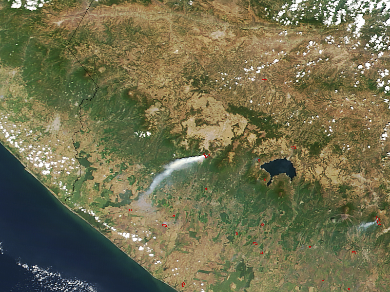 Image of a smoke plume from a wildfire near the Santa Maria volcano in Guatemala in 2018 captured with imagery from Terra MODIS. Image credit: Jeff Schmaltz, NASA Earth Observatory