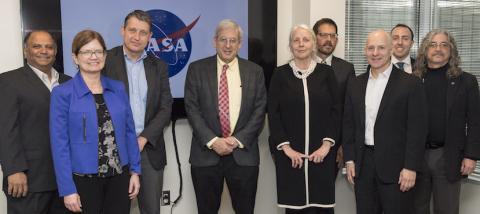 Ashutosh Limaye, NASA Marshall Space Flight Center; Nancy Searby, NASA Headquarters Earth Science Division; Freek van der Meer, University of Twente Faculty of Geo-Information Science and Earth Observation; Michael Freilich, NASA Headquarters Earth Science Division; Erna Leurink, University of Twente Faculty of Geo-Information Science and Earth Observation; Lawrence Friedl, NASA Earth Science Division; Dan Irwin, NASA Marshall; Andy Parks, NASA Headquarters Office of International and Interagency Relations; Ray French, NASA Marshall. 