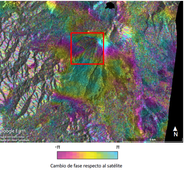 Este interferograma muestra el cambio detectado en la superficie del volcán Pacaya entre el 21 de enero y el 2 de febrero de 2021. Los datos muestran deformación en los flancos oeste y suroeste (cuadro rojo) debido a la acumulación de lava. Créditos: Judit González Santana, Dra. Christelle Wauthier, Penn State University. 