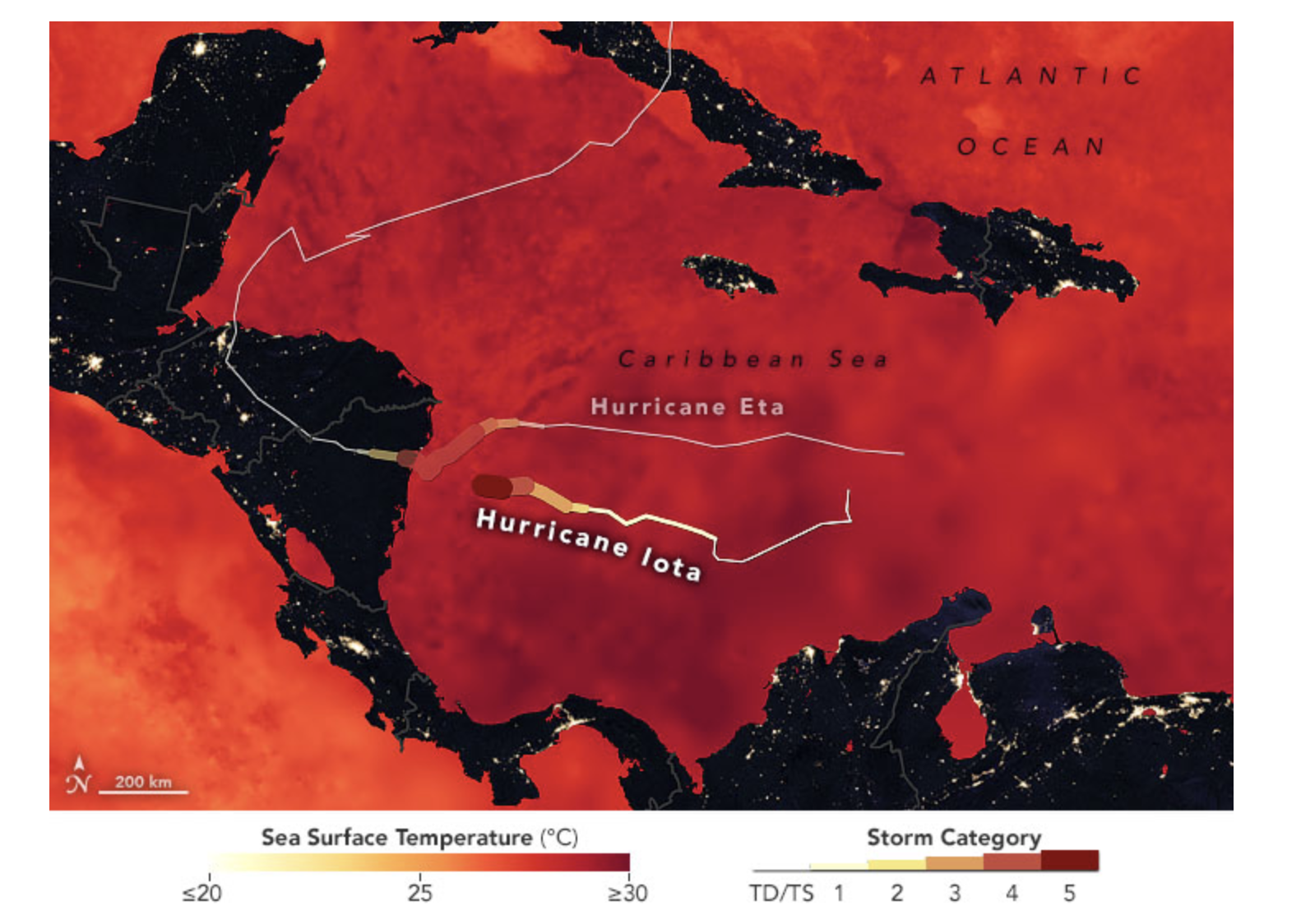 A map showing the tracks of Hurricane Iota and Hurricane Eta overlaid on a map of sea surface temperatures in the Caribbean Sea and the Gulf of Mexico as measured on Nov. 15, 2020.