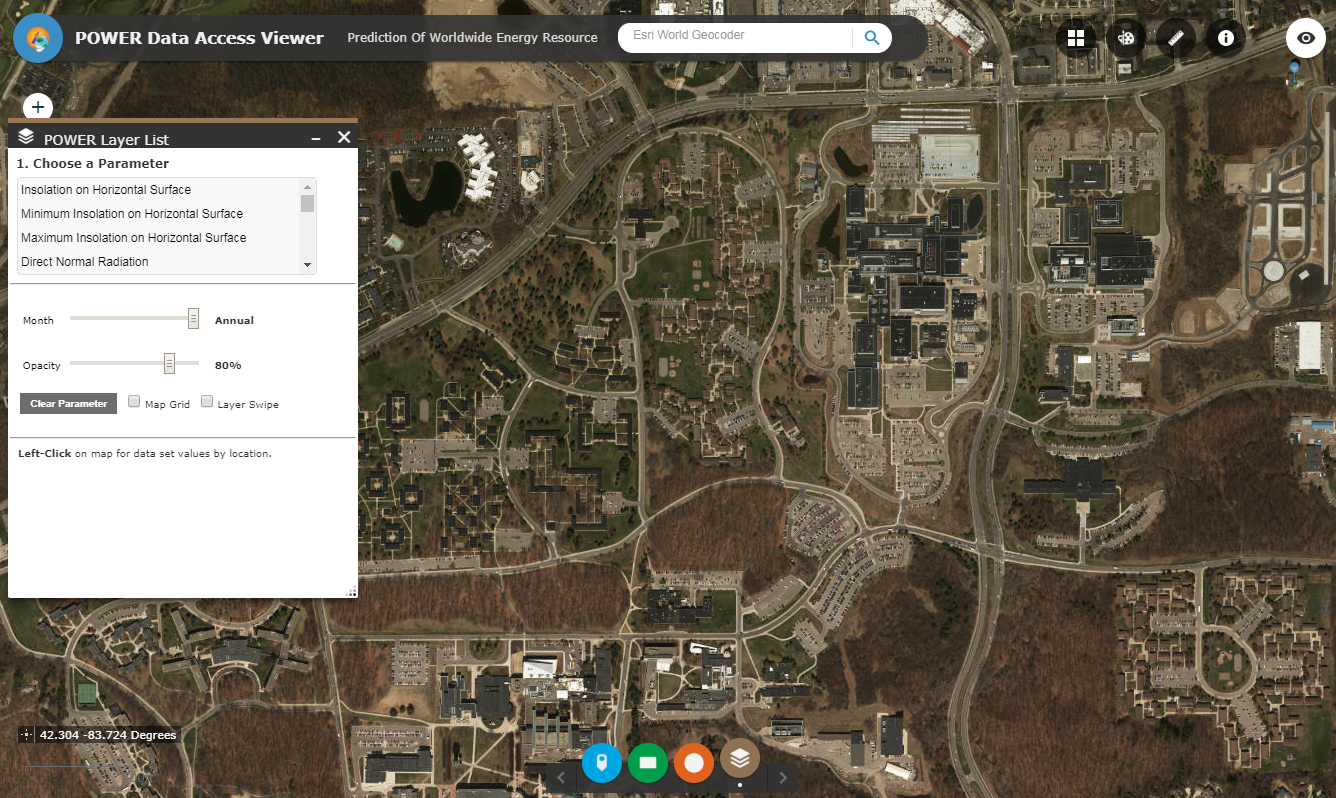 Satellite image of the University of Michigan campus through NASA’s POWER website. 