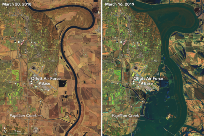 A LandSat 8 image depicting severe flooding around an Air Force base in the Midwest in 2018.