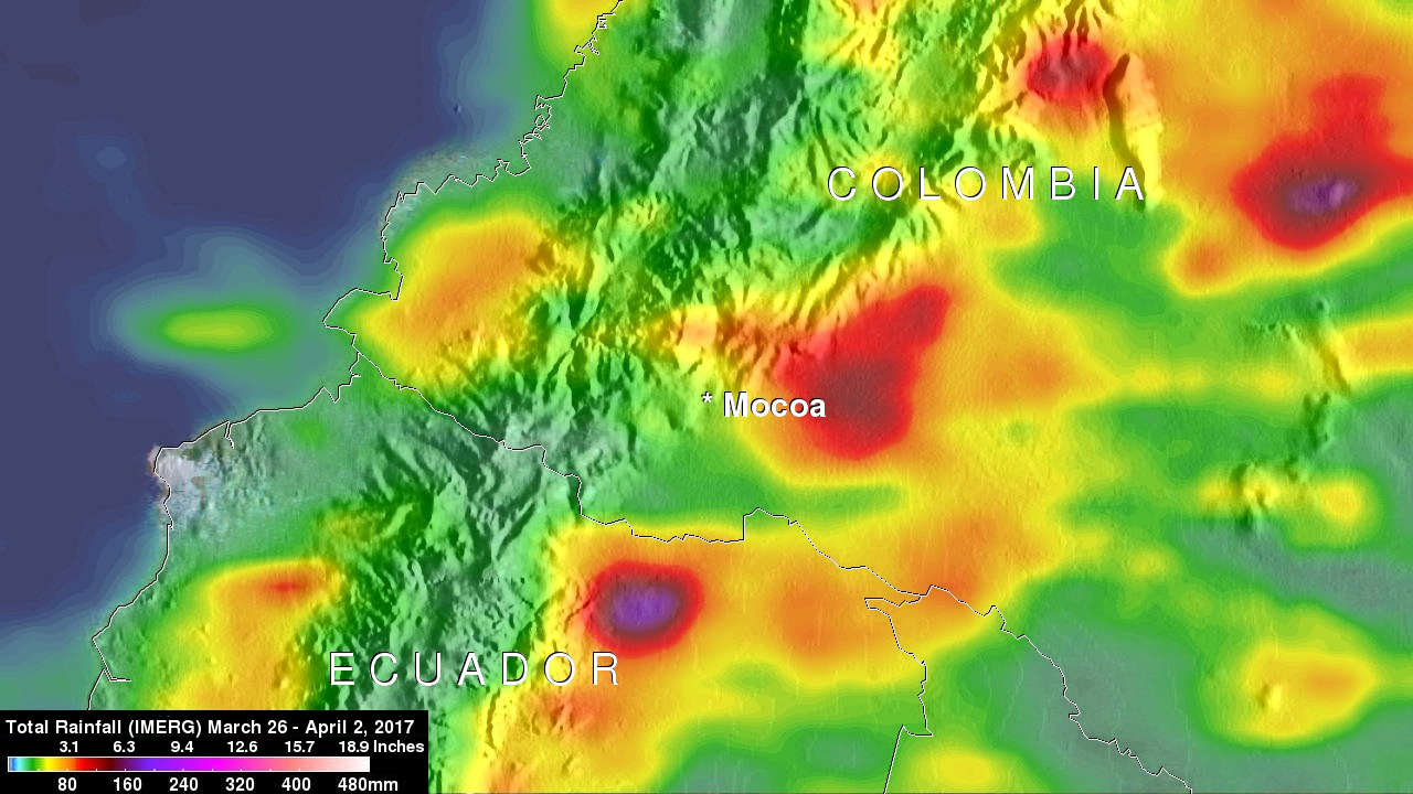 Satellite image showing locations of heavy rainfall
