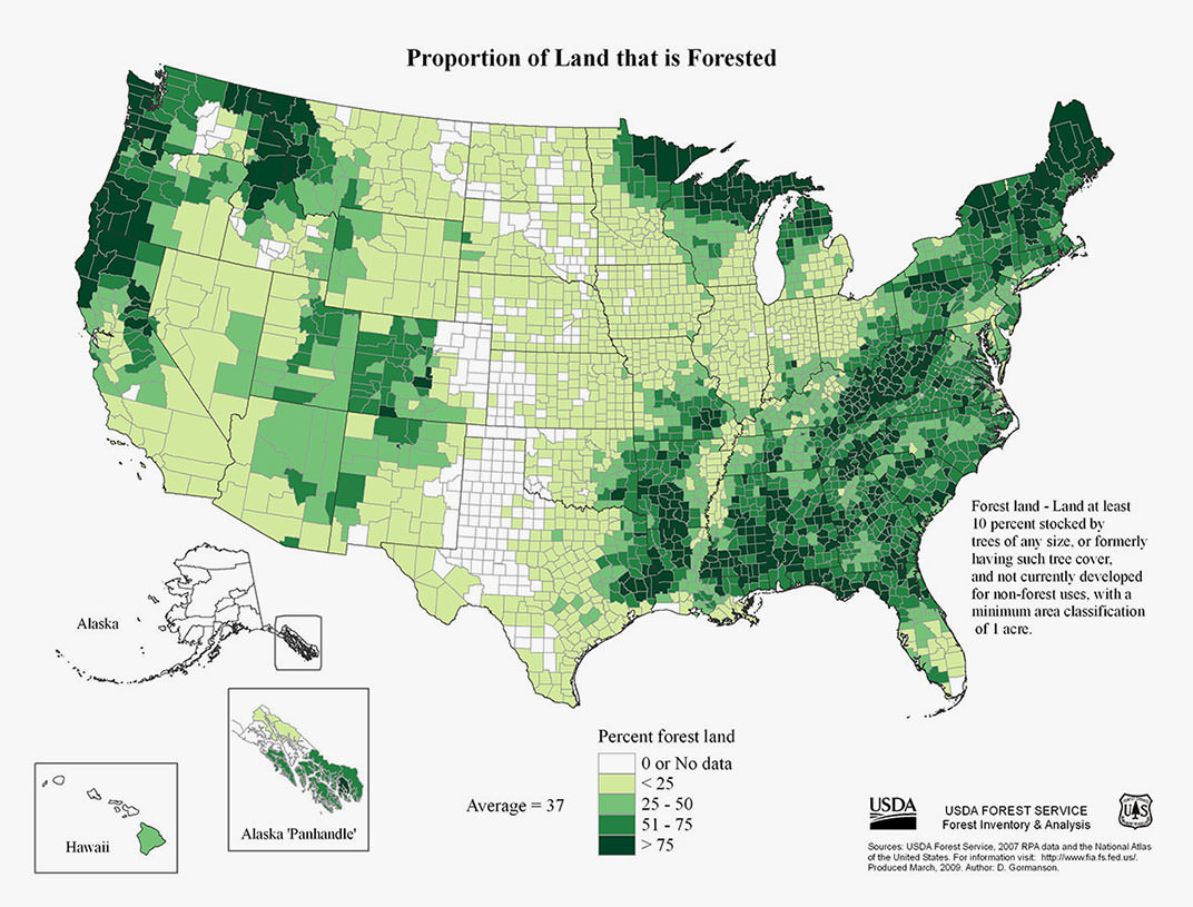 Map of the United States showing the proportion of land that is forested. 