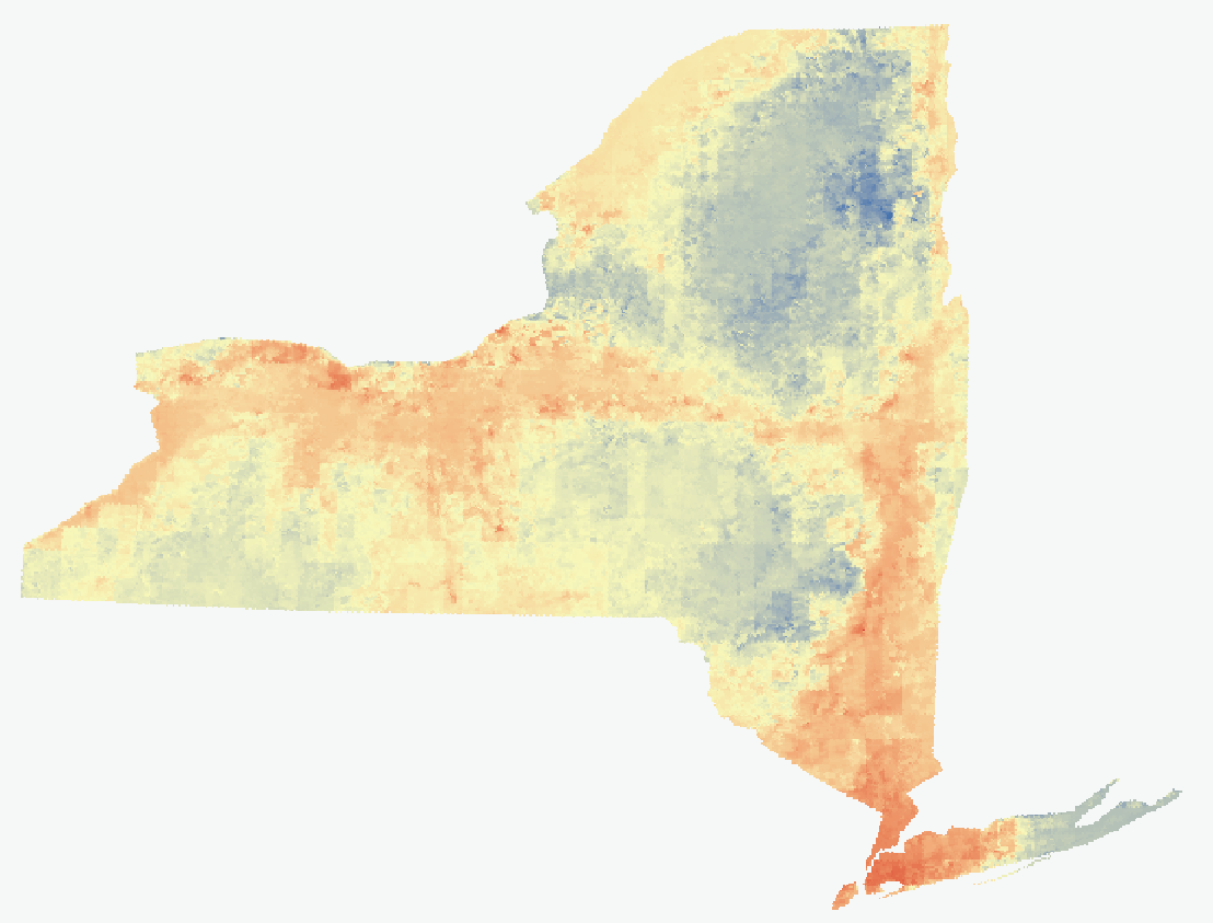 Data visualization showing the maximum air temperature across New York State estimated using temperature data products from NASA.