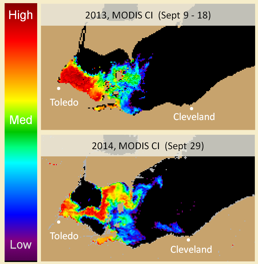 The extent of the Lake Erie algal bloom at its height in 2013 (top) and 2014 (bottom) shown in the Harmful Algal Bloom Bulletin.