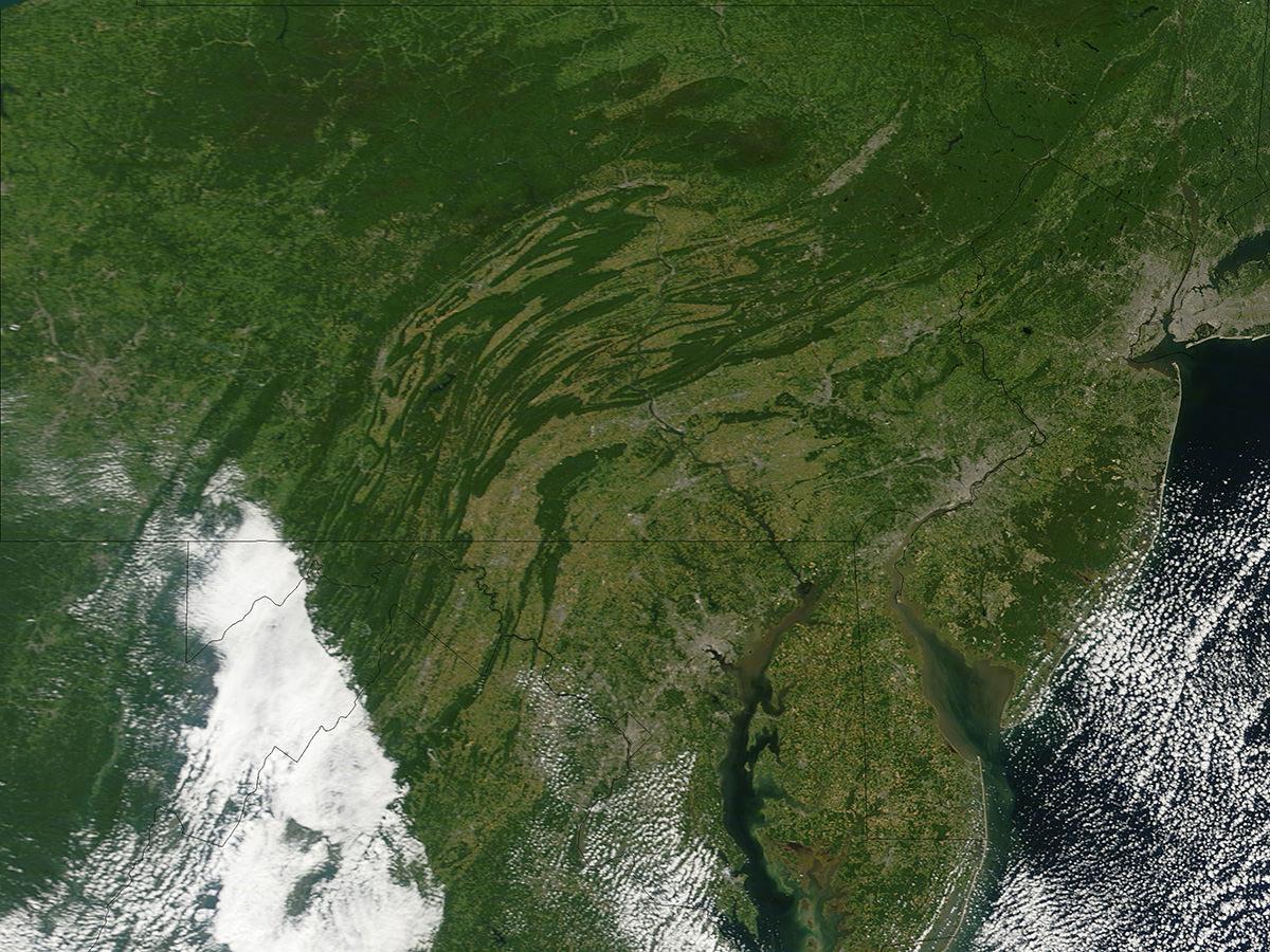 Satellite image of Pennsylvania, Maryland, New Jersey and Delaware. 