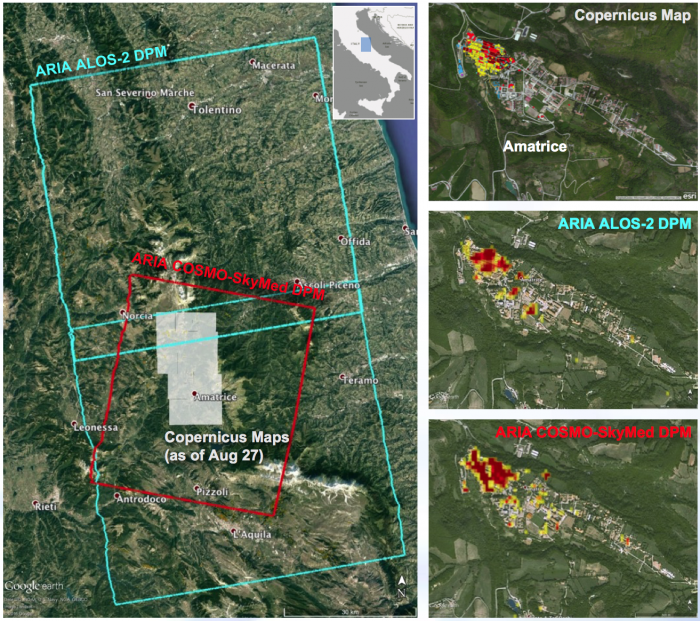 NASA/JPL-Caltech-produced maps of damage in and around Amatrice, Italy, from the Aug. 2016, quake, based on ground surface changes detected by Italian and Japanese radar satellites. The color variations from yellow to red indicate increasingly more significant ground surface change.  Credits: NASA/JPL-Caltech/JAXA/ASI/European Union - Joint Research Centre/Google Earth
