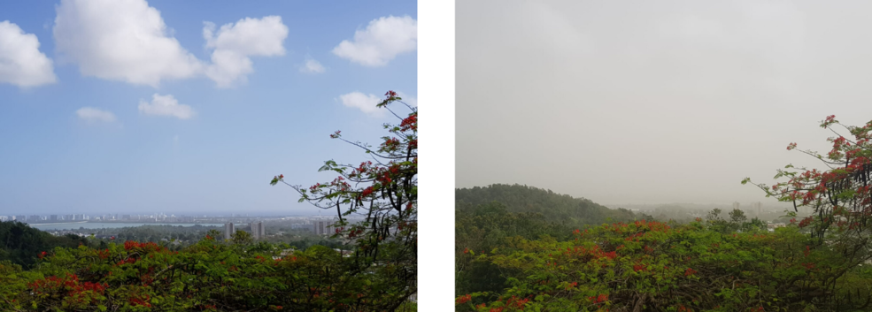 two images comparing a clear blue sky over a city and a hazy sky