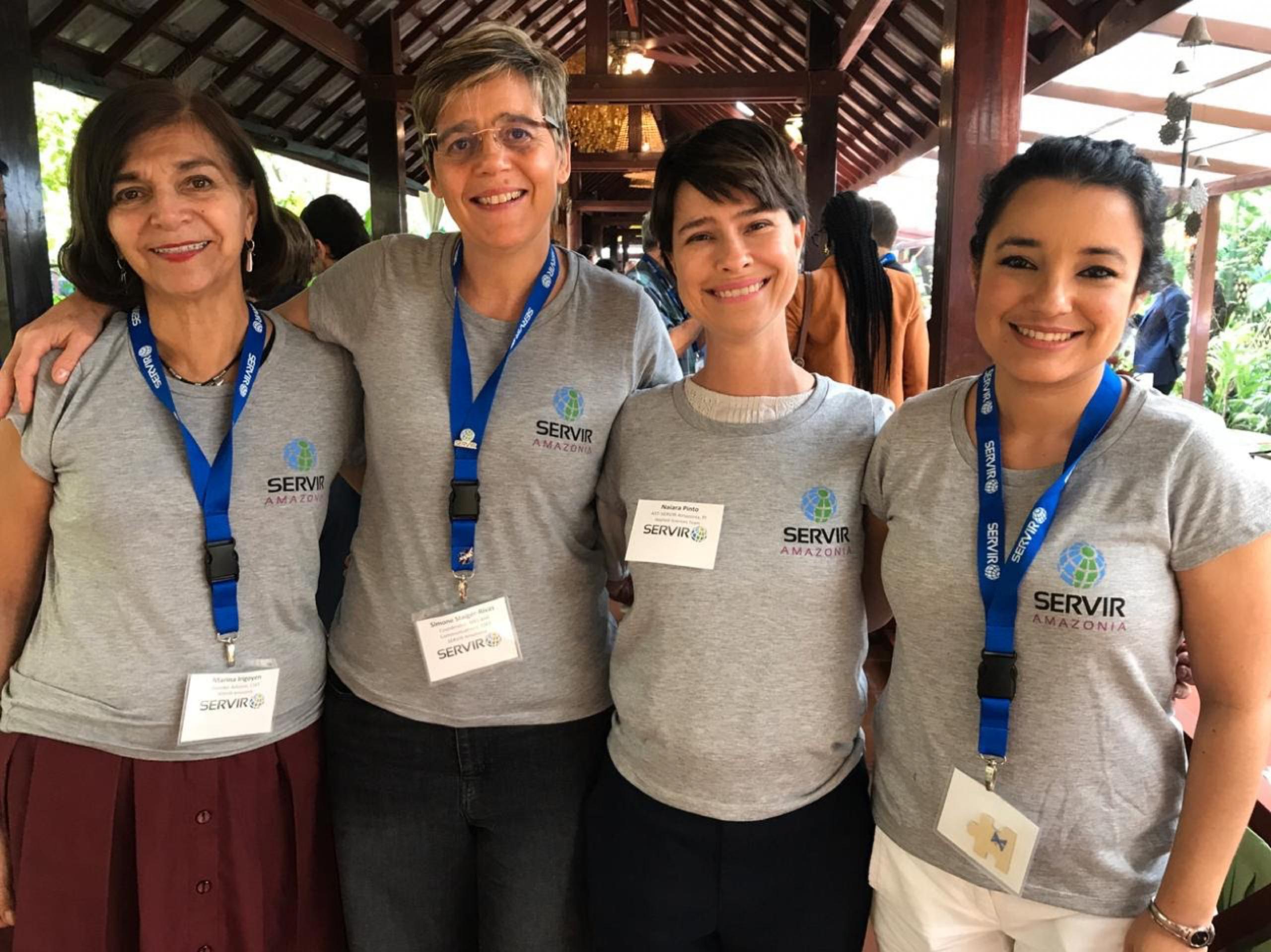  Marina Irigoyen and Simone Staiger-Rivas from SERVIR Amazonia, Applied Science Team member Naiara Pinto, and Africa Flores from the NASA SERVIR Science