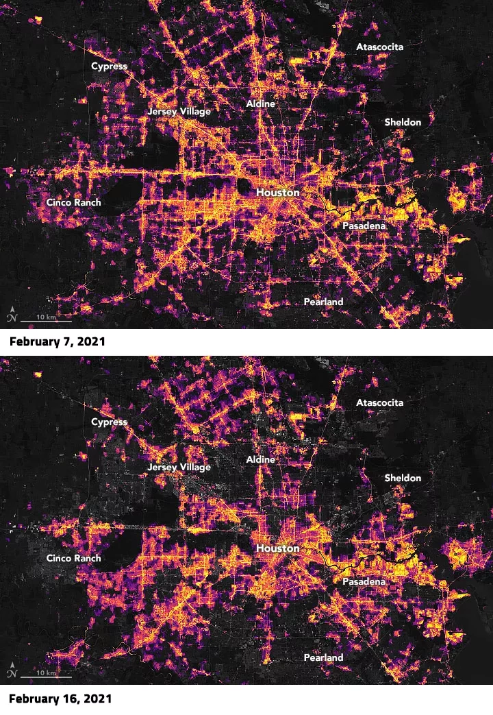 Satellite image of nighttime lights in Houston, Texas, before (Feb. 7) and after (Feb. 16) winter weather caused widespread power outages in the region. Credits: NASA Earth Observatory, USRA