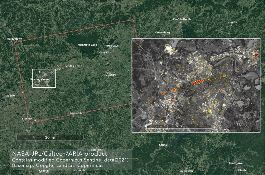 Damage proxy map (DPM) of Bowling Green, KY, and surrounding regions. Credits: ARIA Team, NASA JPL. Copyright contains modified Copernicus Sentinel data (2021).