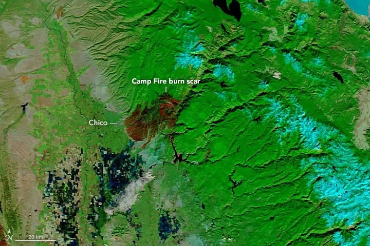 Image of burn scars on the landscape as captured by a satellite