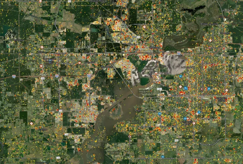 This Damage Proxy Map (DPM) shows likely damaged areas in red and yellow in Lake Charles, LA, due to high winds and flooding from Hurricane Laura. The map is derived from synthetic aperture radar (SAR) data acquired by European Space Agency (ESA) Copernicus Sentinel satellites before (Aug. 20, 2021) and after (Sep. 1, 2021) the event. Satellite observations can be combined with data on local infrastructure and lifelines, such as the roads, hospitals and fire stations shown here, to help local response agenc