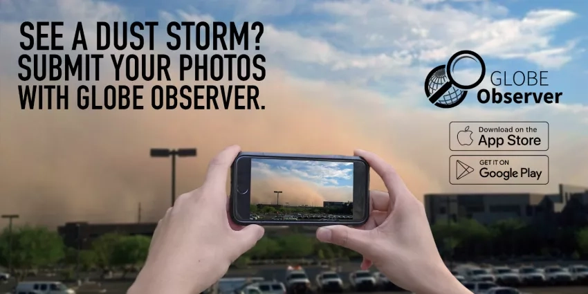 Graphic showing a mobile phone taking an image of a dust storm with text describing the app.