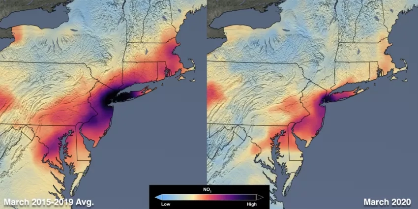Map of East Coast USA showing air pollution levels before and after the COVID-19 related slowdown on traffic and other pollution sources
