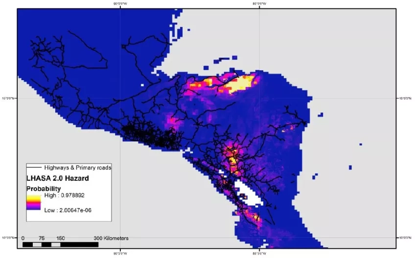 Estimated probability of landslide hazards in Central America for November 3, 2020, with warmer colors indicating a higher likelihood of landslides. The location of major highways and roads are also shown, using data from the Global Roads Inventory Project (GRIP). Credits: NASA GSFC Hydrological Sciences Laboratory, GRIP