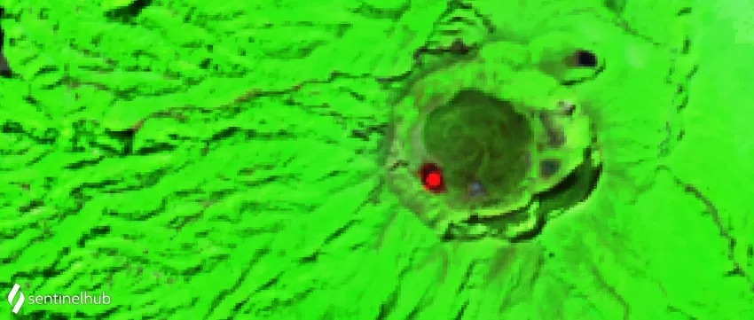 Short wave infrared satellite data collected on January 3, 2021 shows a thermal anomaly (in red) within the La Soufrière volcano on Saint Vincent, indicated magma close to the surface. Credit: Sentinelhub, Contains modified Copernicus Sentinel data (2021), processed by ESA.