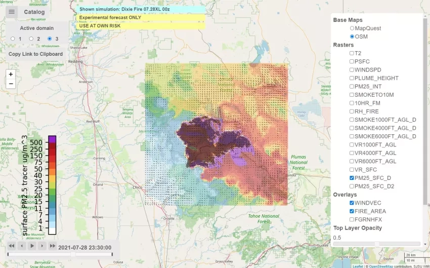Screenshot from WRF-SFIRE showing smoke forecasts from the Dixie fire on July 28, 2021. Increasing smoke concentration is shown in colors from ranging from white to purple, while the region where the fire is burning is shown in dark red. Credits: NASA, San Jose State University (SJSU), University of Colorado Denver (CU Denver) and Colorado State University (CSU) 