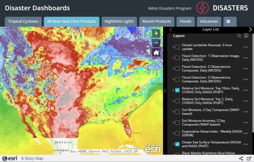 Screenshot of the near real-time data dashboard on the NASA Disasters Mapping Portal, which provides visualization and downloads for a variety of low-latency Earth observing datasets useful for disaster risk assessment. Credits: NASA 